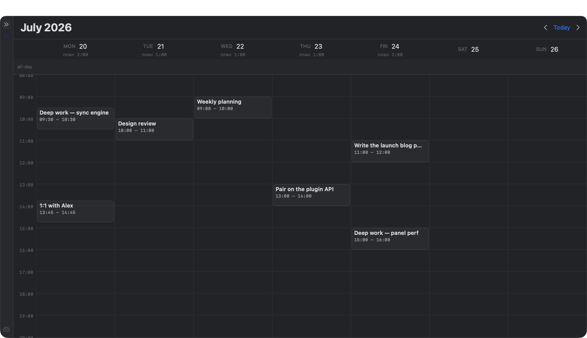 Week calendar with the Task Pool pane on the left, colored time blocks across the week, and plan-vs-fact totals per day