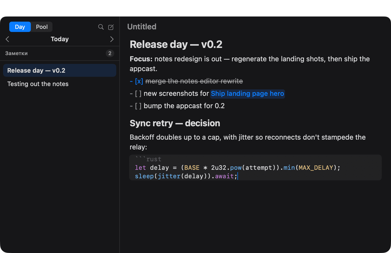 Floating Notes window: a daily journal note with live markdown and wiki-links pointing at tasks